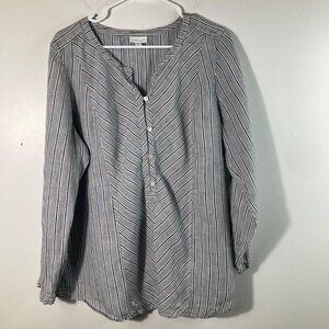 Womens J Jill Linen 1/2 Button V Neck Striped Tunic Gray White LP Long Sleeve